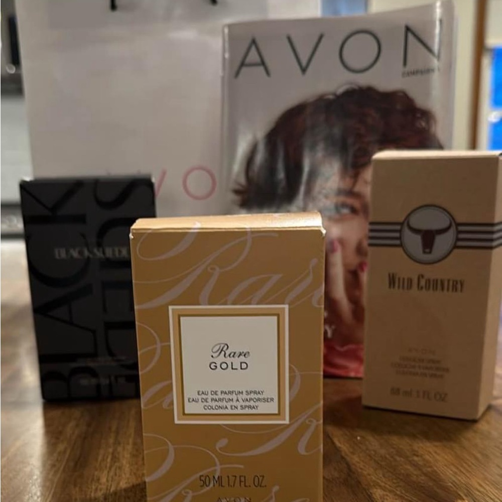 Avon perfume and cologne:  Rare Gold, Wild Country, Black Suede!